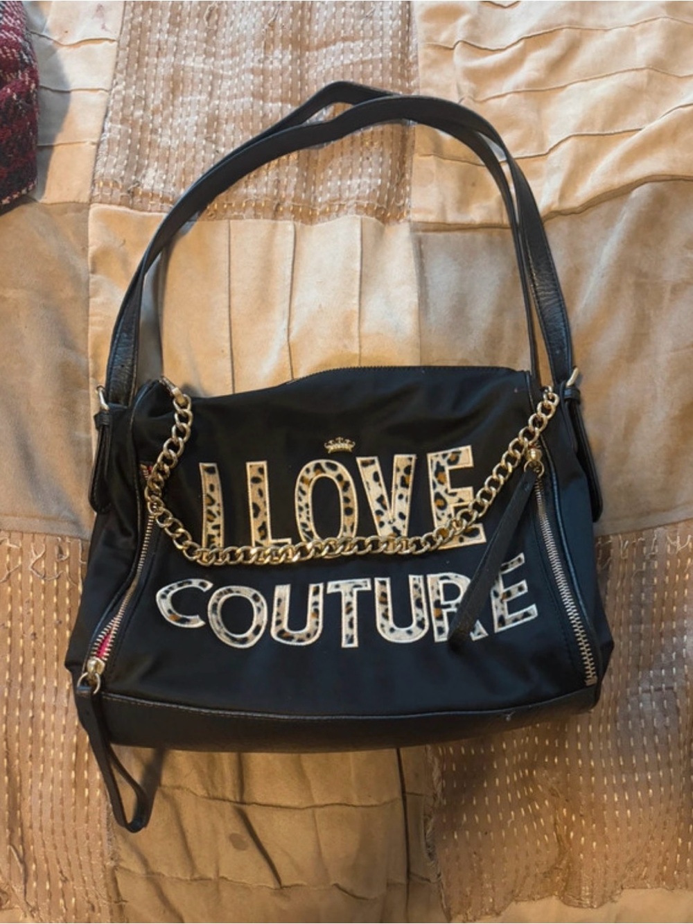 Juicy Couture Black Shoulder Bag with Gold Chain and Leopard Trim